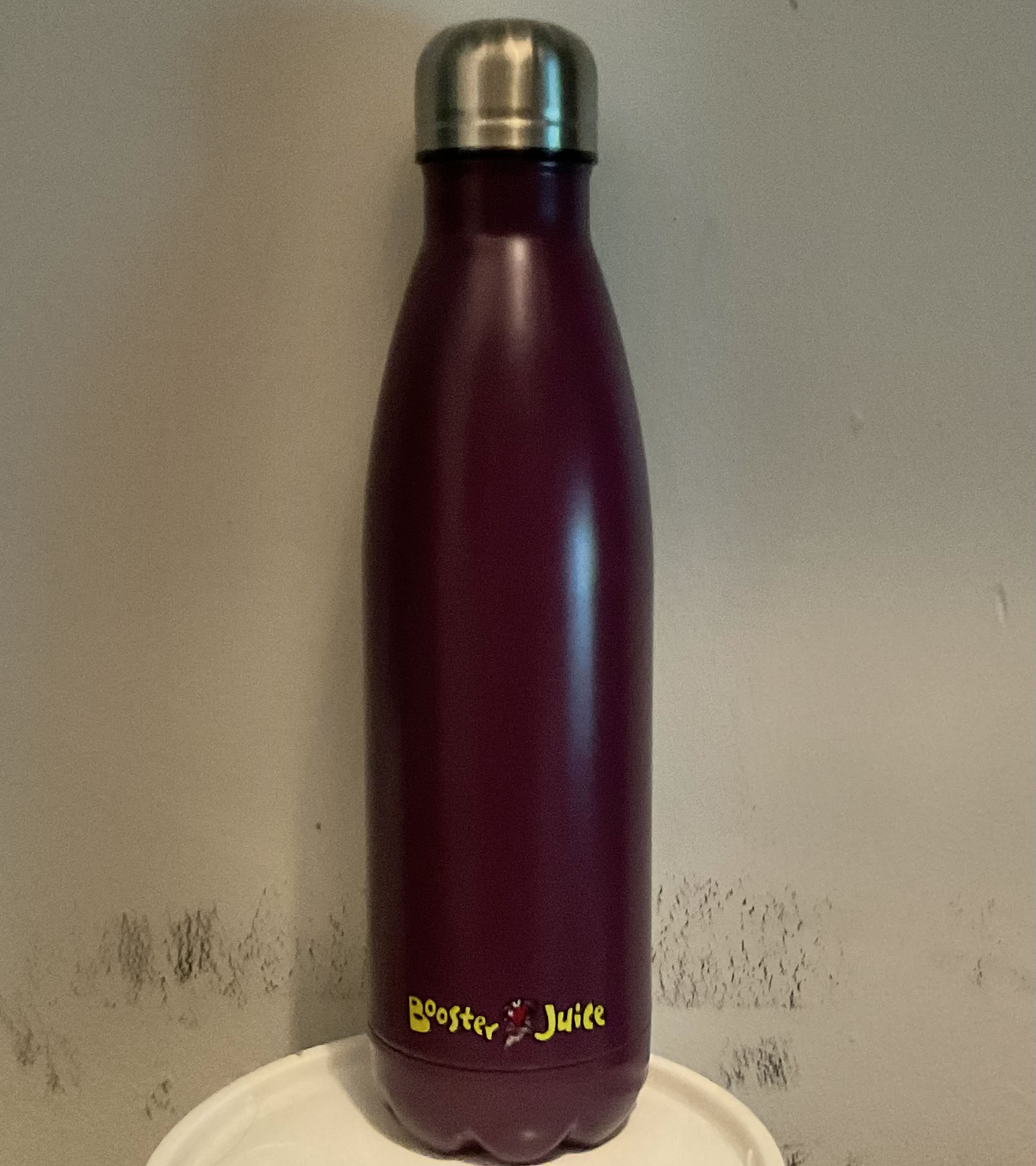 A Booster Juice water bottle that I won by spinning a wheel.