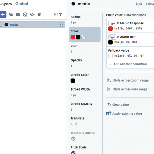 Showing the data layer and how I organized each set of data and changed their colors. The medic and fire maps used the same dataset.