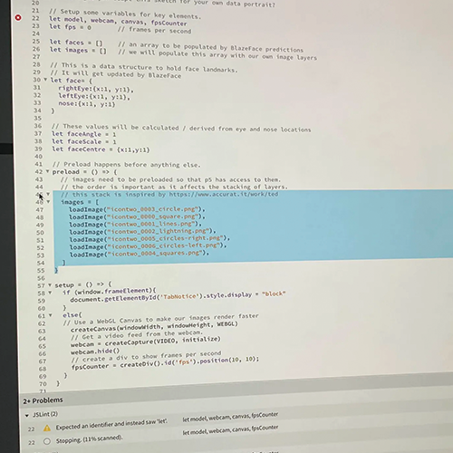 The index of images for the code of the second design. It took a few tries to layer them correctly.