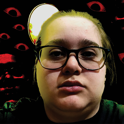 A selfie I did to represent public self-awareness. The eyes and faces in the background represent being watched by the public and the bright light on me symbolizes being in the spotlight during social situations.